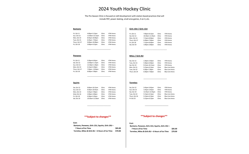 Pre-Season Clinic Schedule